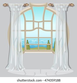 The ornate curtain in the interior. Vector illustration.

