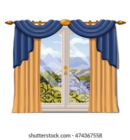 The ornate curtain in the interior. Vector illustration.

