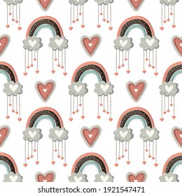 Ornate cute rainbow seamless pattern with hearts. Detailed kid illustrations. Nursery baby abstract art with childish elements.