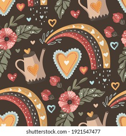 Ornate cute rainbow seamless pattern with hearts. Cute kid illustrations. Nursery baby abstract art with childish elements.