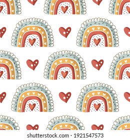 Ornate cute rainbow seamless pattern with hearts on white. Cute kid illustrations. Nursery baby abstract art with childish elements.