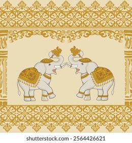 Ornate Damask Elephant Illustration with Traditional Indian Motifs and Patterns