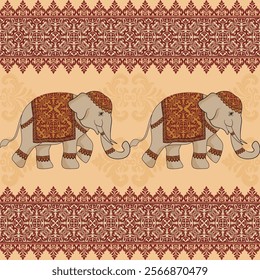 Ornate Damask Elephant Illustration with Traditional Motifs and Patterns