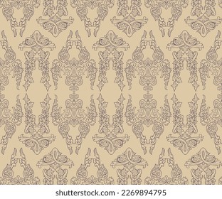 Ornate Damask flower ornament. Exquisite floral baroque template. Cream color and purple color ornament. Graphic pattern for fabric, wallpaper, packaging.