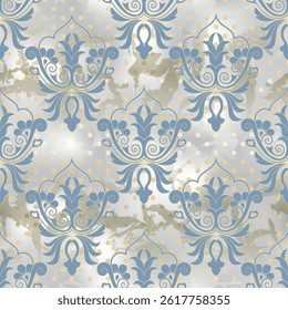 Ornate damask in traditional style, blue and beige background. Vintage wallpaper design. Vector, illustration