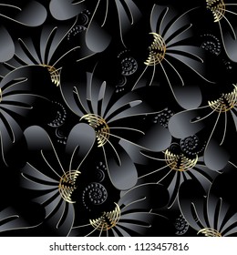 Ornate dark black floral 3d seamless pattern. Abstract creative ornamental background. Surface texture. Decorative black 3d flowers with shadows and highlights. Gold decor elements. Modern ornaments.