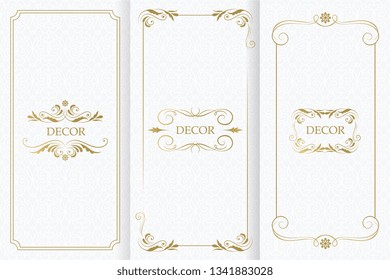 Ornate decor, border for invitation, card, logo design, label, badge, tag. Vector golden element floral illustration. Set wedding invitations flourishes ornaments cards.