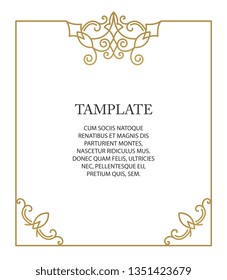 Ornate decor, border for invitation, card, logo design, label, badge, tag. Vector golden element floral illustration. Set wedding invitations flourishes ornaments cards.