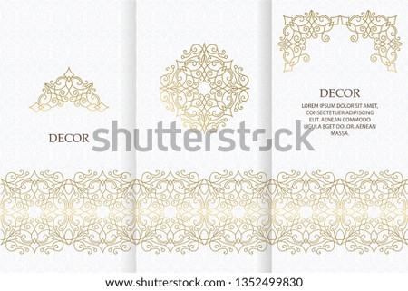 Ornate decor, border for invitation, card, logo design, label, badge, tag. Vector golden element floral illustration. Set wedding invitations flourishes ornaments cards.