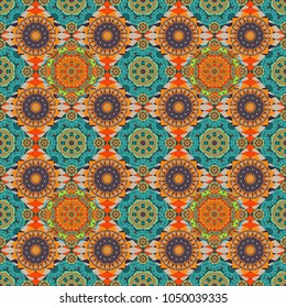 Ornate decor for invitation, greeting card. Seamless pattern luxury ornament, eastern style in red, blue and orange colors. Vector element, arabesque for design template. Turquoise floral art.