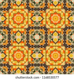 Ornate decor for invitation, greeting card. Seamless pattern luxury ornament, eastern style in yellow, orange and brown colors. Turquoise floral art. Vector element, arabesque for design template.