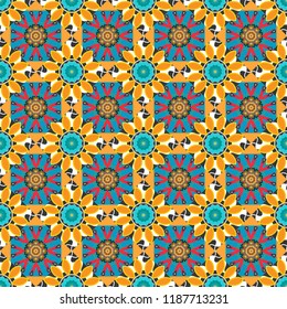 Ornate decor for invitation, greeting card. Seamless pattern luxury ornament, eastern style in blue, orange and gray colors. Turquoise floral art. Vector element, arabesque for design template.