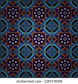 Ornate decor for invitation, greeting card. Seamless pattern luxury ornament, eastern style in blue, brown and black colors. Vector element, arabesque for design template. Turquoise floral art.