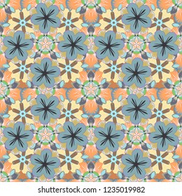 Ornate decor for invitations, greeting cards, thank you message in beige, blue and yellow colors. Vector greed and vignette seamless pattern for design. Elements in Victorian style.