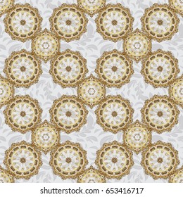 Ornate decor for invitations, greeting cards, thank you message. Elements in Victorian style on a gray backdrop. Vector greed and vignette for design. Golden floral seamless pattern.