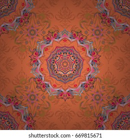 Ornate decor for invitations, greeting cards, thank you message in orange, pink and gray colors. Vector greed and vignette seamless pattern for design. Elements in Victorian style.