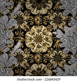 Ornate decoration. Golden pattern on black colors with golden elements. Vector vintage baroque floral seamless pattern in gold. Luxury, royal and Victorian concept.