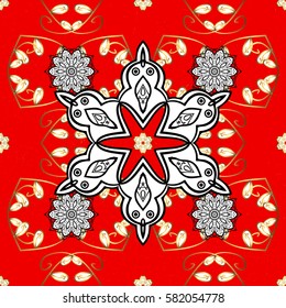 Ornate decoration. Golden pattern on a red background with golden elements. Luxury, royal and Victorian concept. Vector vintage baroque floral in gold.