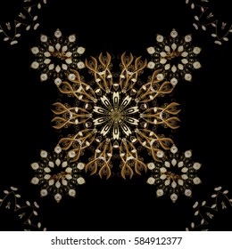 Ornate decoration. Golden pattern on a black background with golden elements. Luxury, royal and Victorian concept. Vector vintage baroque floral seamless pattern in gold.