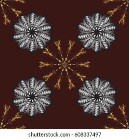 Ornate decoration. Golden pattern on brown background with golden elements. Luxury, royal and Victorian concept. Vector vintage baroque floral seamless pattern in gold.