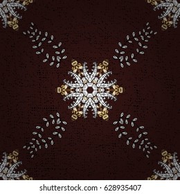 Ornate decoration. Golden pattern on brown background with golden elements. Luxury, royal and Victorian concept. Vector vintage baroque floral seamless pattern in gold.
