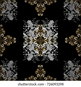 Ornate decoration. Golden pattern on black, white and gray colors with golden elements. Luxury, royal and Victorian concept. Vector vintage baroque floral seamless pattern in gold.