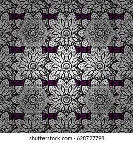 Ornate decoration. Gray pattern on a magenta background with gray elements. Luxury, royal and Victorian concept. Vector vintage baroque floral seamless pattern in gray.