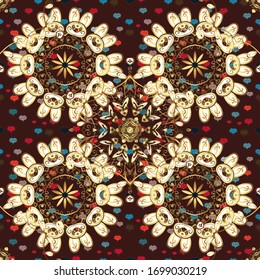 Ornate decoration. Luxury, royal and Victorian concept. Golden pattern on a brown and white colors with golden elements. Vector vintage baroque floral seamless pattern in gold.