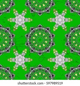 Ornate decoration. Luxury, royal and Victorian concept. Vector vintage baroque floral pattern in gold. Golden pattern on green background with golden elements.