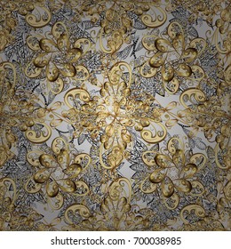 Ornate decoration. Luxury, royal and Victorian concept. Vector vintage baroque floral seamless pattern in gold. Golden pattern on a gray background with golden elements.