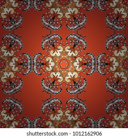 Ornate decoration. Vector illustration. Damask golden floral pattern on a orange, black and white colors with white doodles.