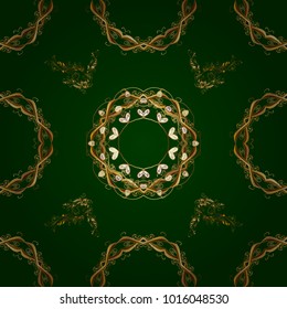 Ornate decoration. Vector illustration. Damask gold abstract flower seamless pattern on green and yellow colors.