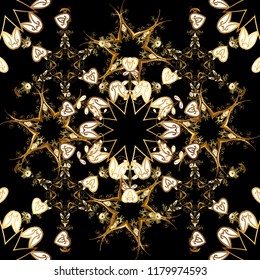 Ornate decoration. Vector illustration. Damask gold abstract flower seamless pattern on black, brown and white colors.