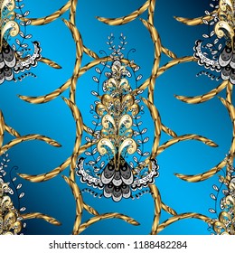 Ornate decoration. Vector illustration. Damask golden floral pattern on a blue, brown and black colors with white doodles.