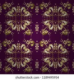 Ornate decoration. Vector illustration. Damask gold abstract flower seamless pattern on purple, brown and beige colors.