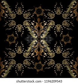 Ornate decoration. Vector illustration. Damask gold abstract flower seamless pattern on black, brown and yellow colors.