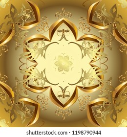 Ornate decoration. Vector illustration. Damask gold abstract flower ornamental pattern on brown, yellow and neutral colors.