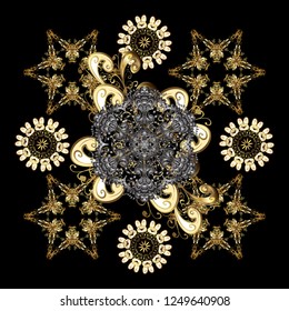 Ornate decoration. Vector illustration. Damask gold abstract flower seamless pattern on black, gray and brown colors.