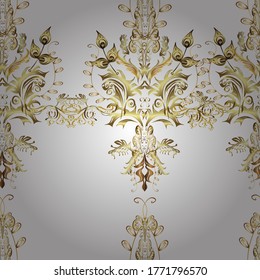 Ornate decoration. Vector illustration. Damask gold abstract flower seamless pattern on white and neutral colors.