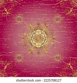 Ornate decoration. Vector illustration. Damask golden floral pattern on a orange, brown and red colors with white doodles.