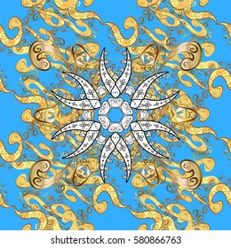 Ornate decoration. Vector illustration. Damask gold abstract flower on blue background.