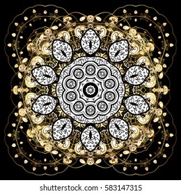 Ornate decoration. Vector illustration. Damask golden floral pattern on a black background with white doodles.