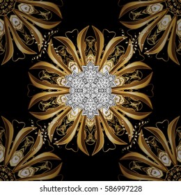 Ornate decoration. Vector illustration. Damask golden floral pattern on a black background with white doodles.