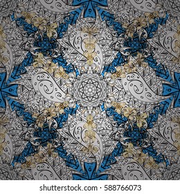 Ornate decoration. Vector illustration. Damask golden floral pattern on a blue background with white doodles.