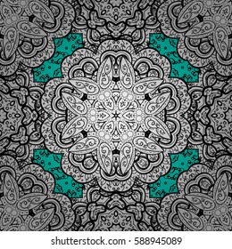 Ornate decoration. Vector illustration. Damask white abstract flower seamless pattern on blue background.