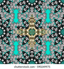 Ornate decoration. Vector illustration. Damask white abstract flower seamless pattern on blue background.