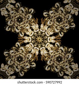 Ornate decoration. Vector illustration. Damask gold abstract flower seamless pattern on black background.