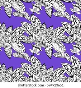 Ornate decoration. Vector illustration. Damask white abstract flower seamless pattern on violet background.