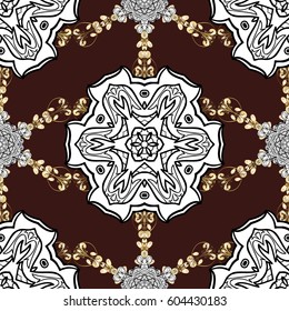 Ornate decoration. Vector illustration. Damask golden floral pattern on a brown background with white doodles.
