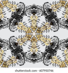 Ornate decoration. Vector illustration. Damask golden floral pattern on a gray background with white doodles.